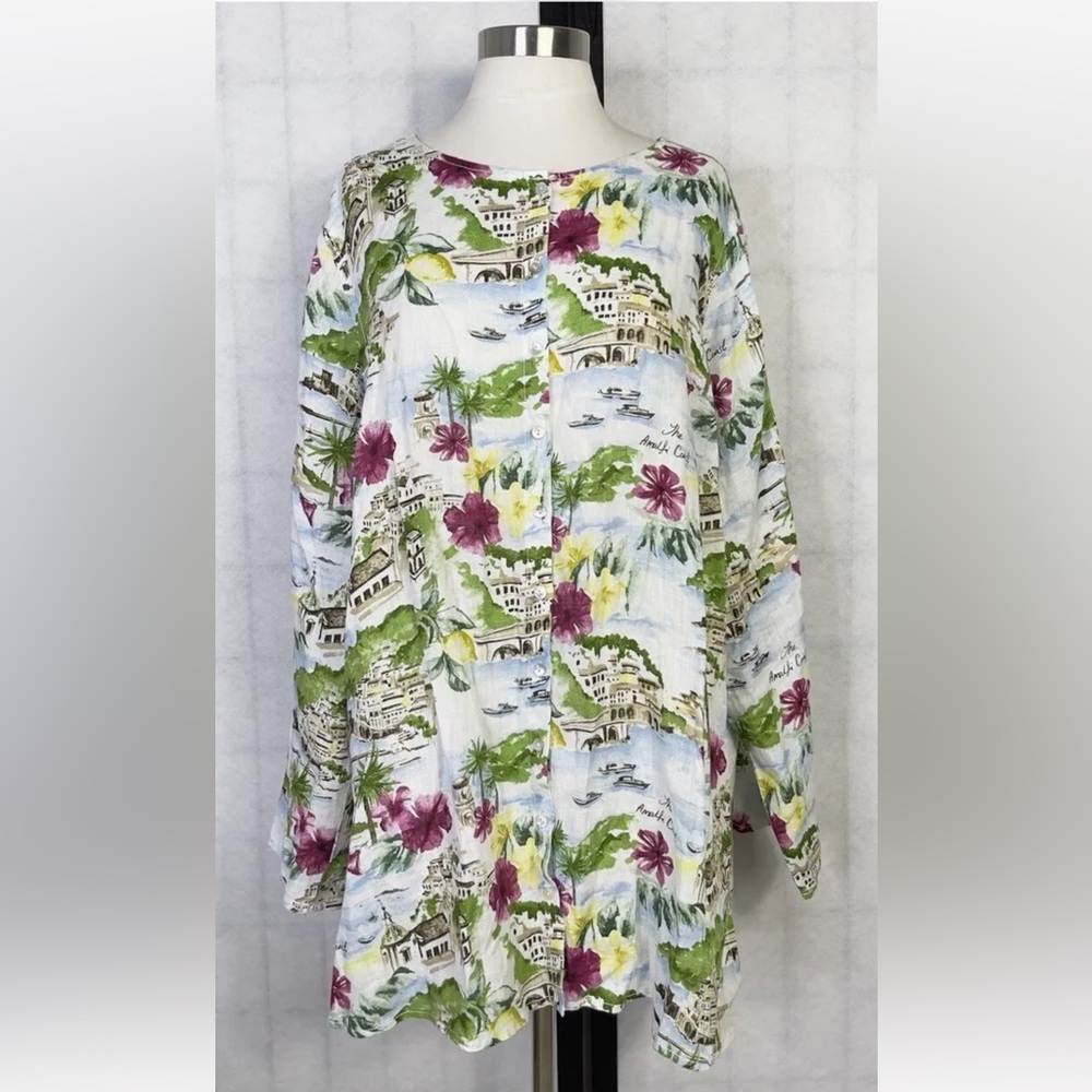 Cynthia Rowley 100%  Linen Amalfi French Coast Print Button Tunic Top. Size: 2X